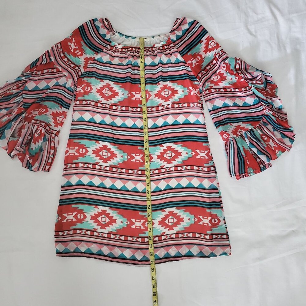 Rachel Kate Women's Aztec Print Ruffled Sleeve‎ Dress Red/Blue/Multi Size Medium - Picture 9 of 9
